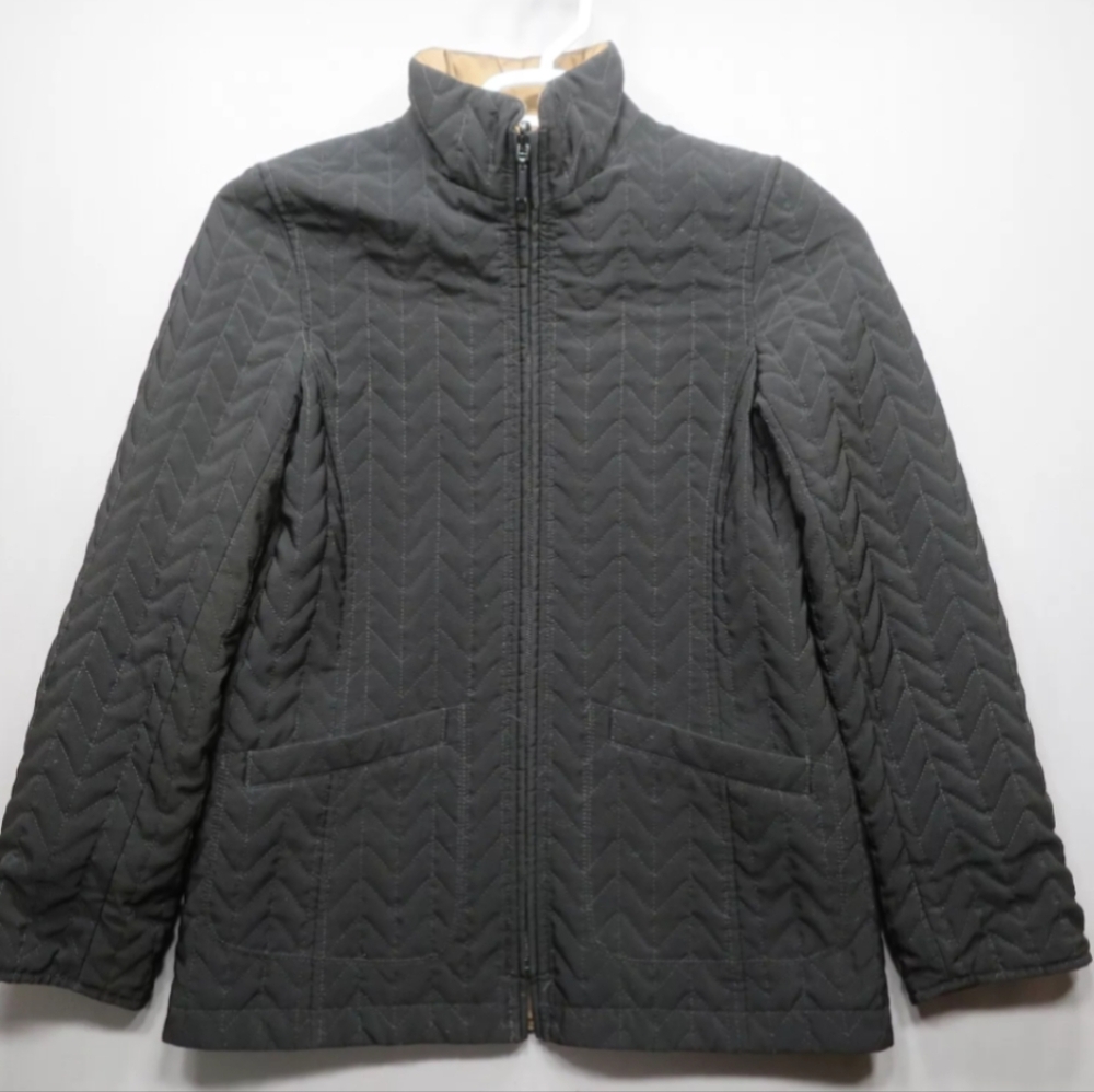 Antigua Black Zip Up Sweater with Textured Chevron Design and Stand Up Collar